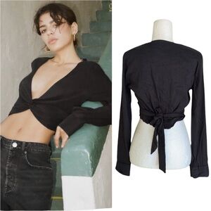 Zara Black Linen Blend Twist Front Bow Tie Long Sleeve Cropped Top - M